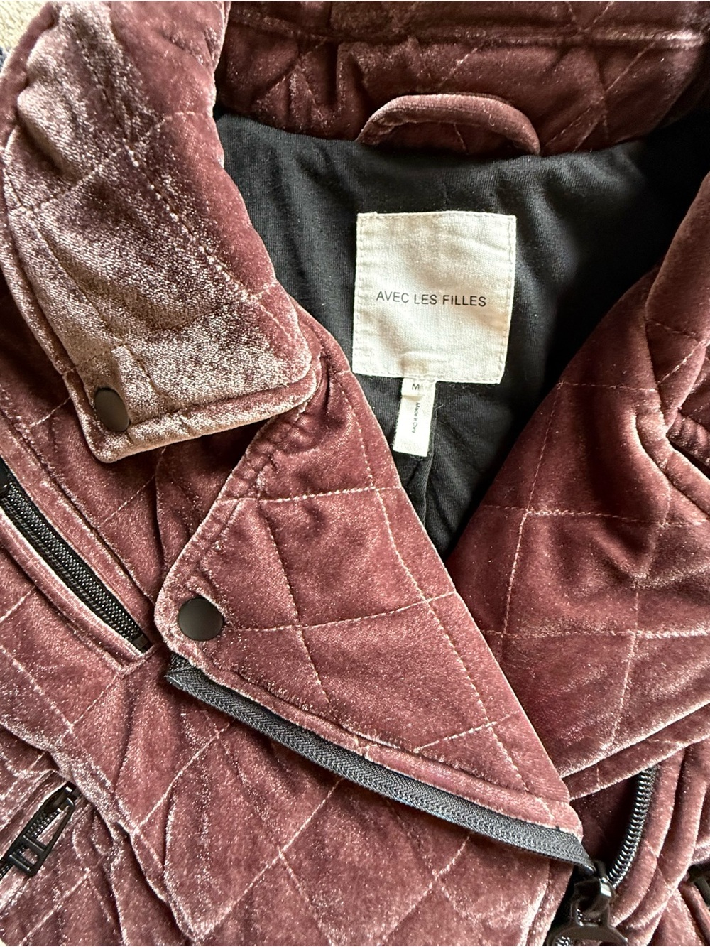 Avec Les Filles Quilted Velvet Moto Jacket Mauve Size M - Picture 6 of 7
